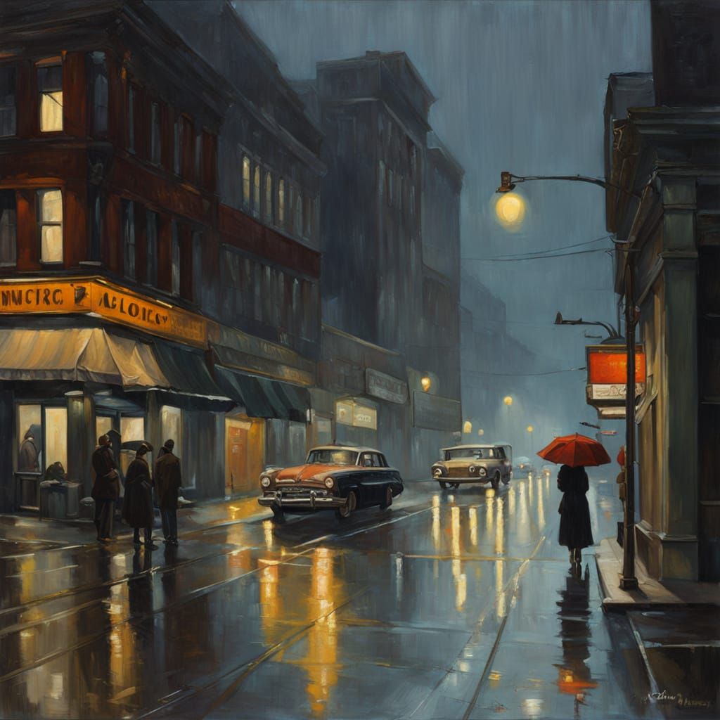 Rainy Metropolis in Film Noir Style