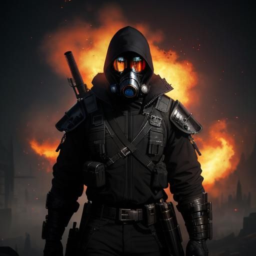 Fire Gas Mask Man in Dark Fantasy Style