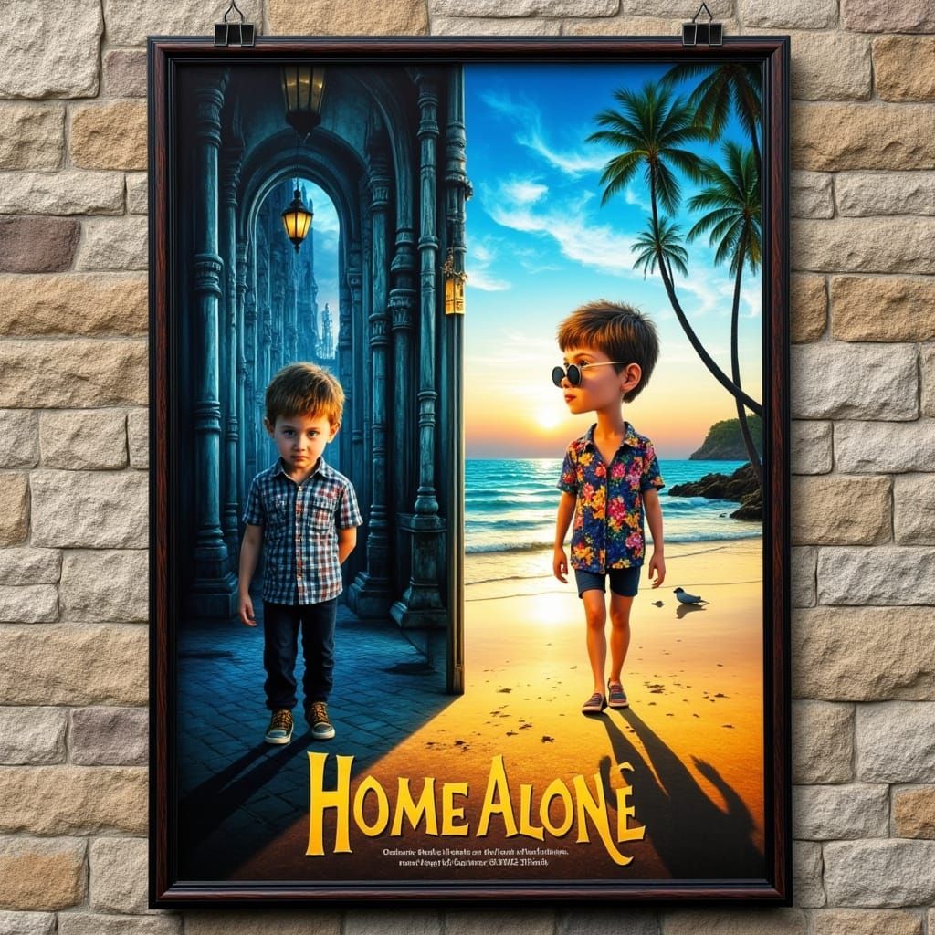 Home Alone Movie Poster: Boy in Castle vs. Robbers on Beach