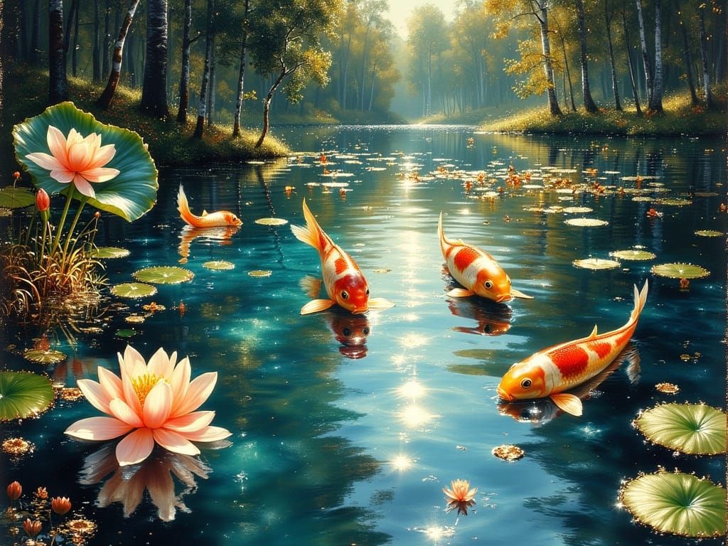 Hyperrealistic Koi Pond Scene with Vibrant Fish and Lotus Fl...