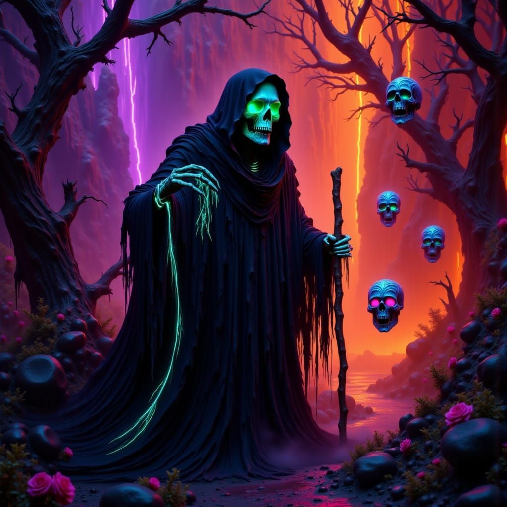 Surreal Grim Reaper in Vibrant Orange Landscape with Purple ...