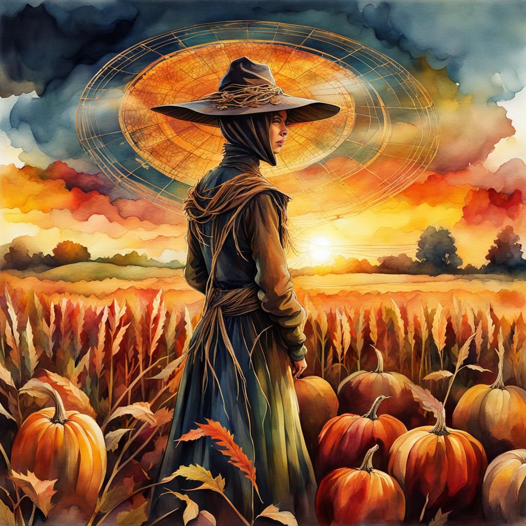 Autumnal Scarecrow Digital Watercolor Illustration