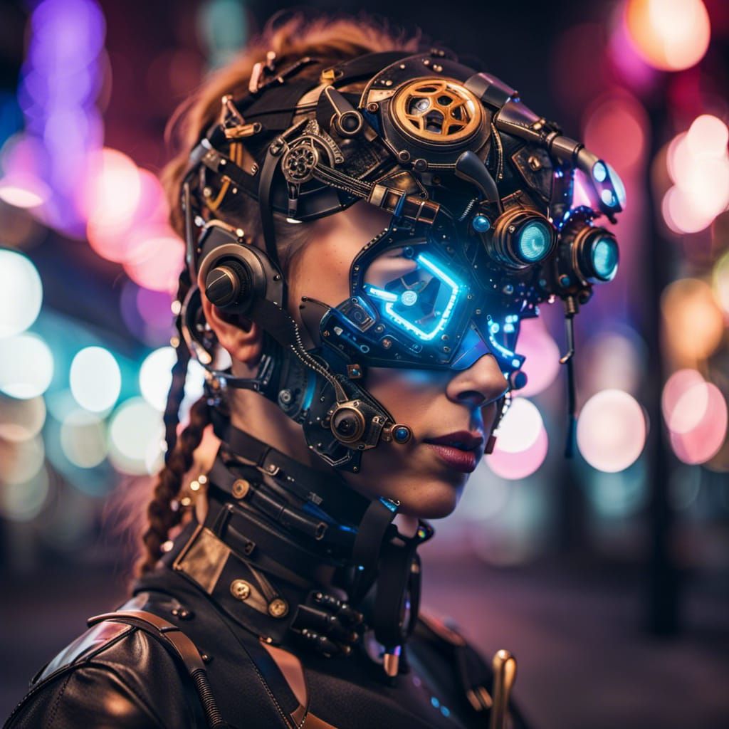 Cyborg Girl in Neon City with Steampunk Armor