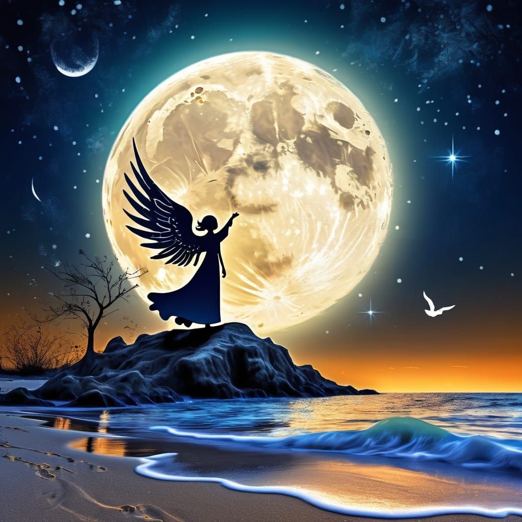 Angel Silhouetted by Moon with Steampunk Beach Vacation