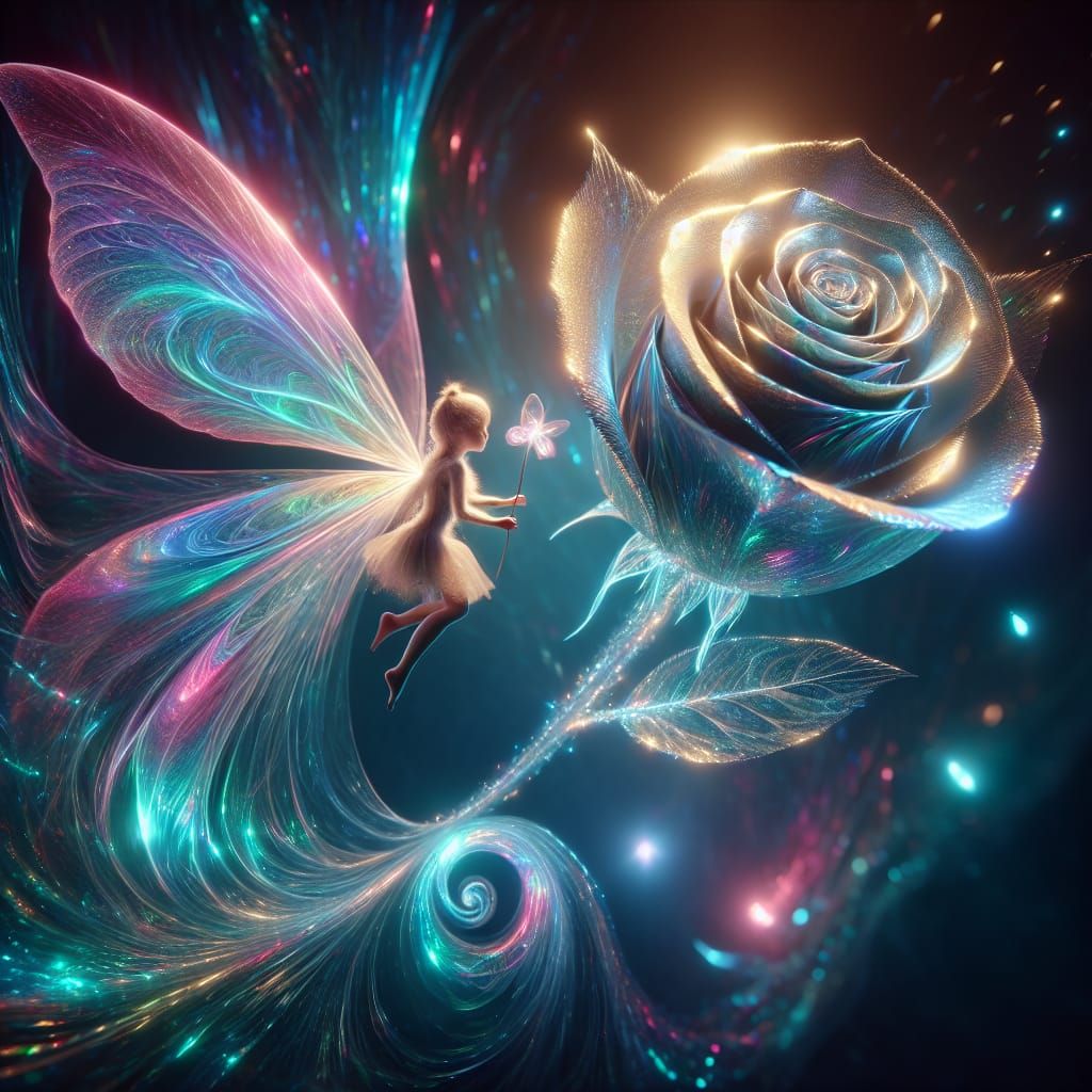 Fairy Caring for Holographic Rose with Bioluminescence