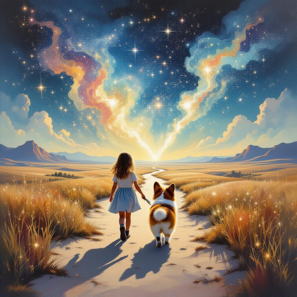 Girl and Corgi in Surreal Dreamscape with Sparkling Dots