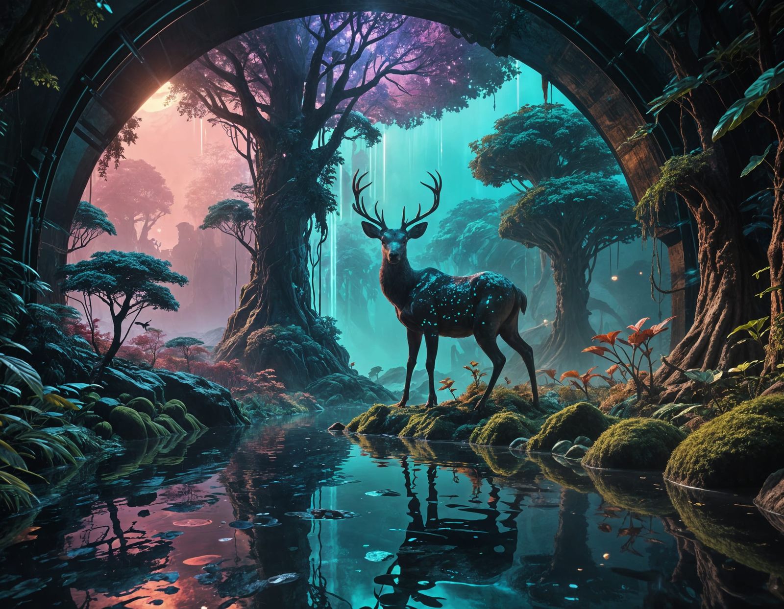 Bioluminescent Forest Biodome on Mars in Sci-Fi Style