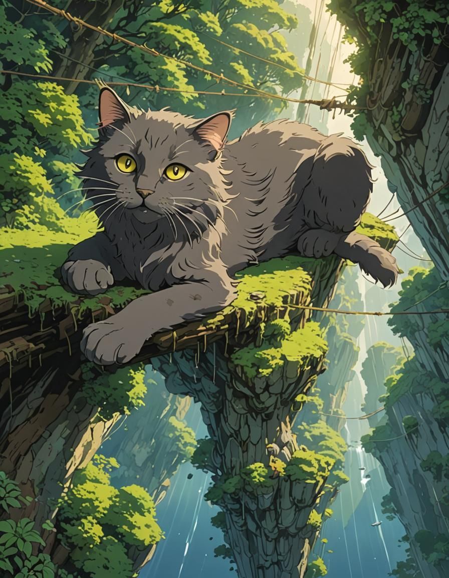 Nebelung Cat on Floating Island: Studio Ghibli Style