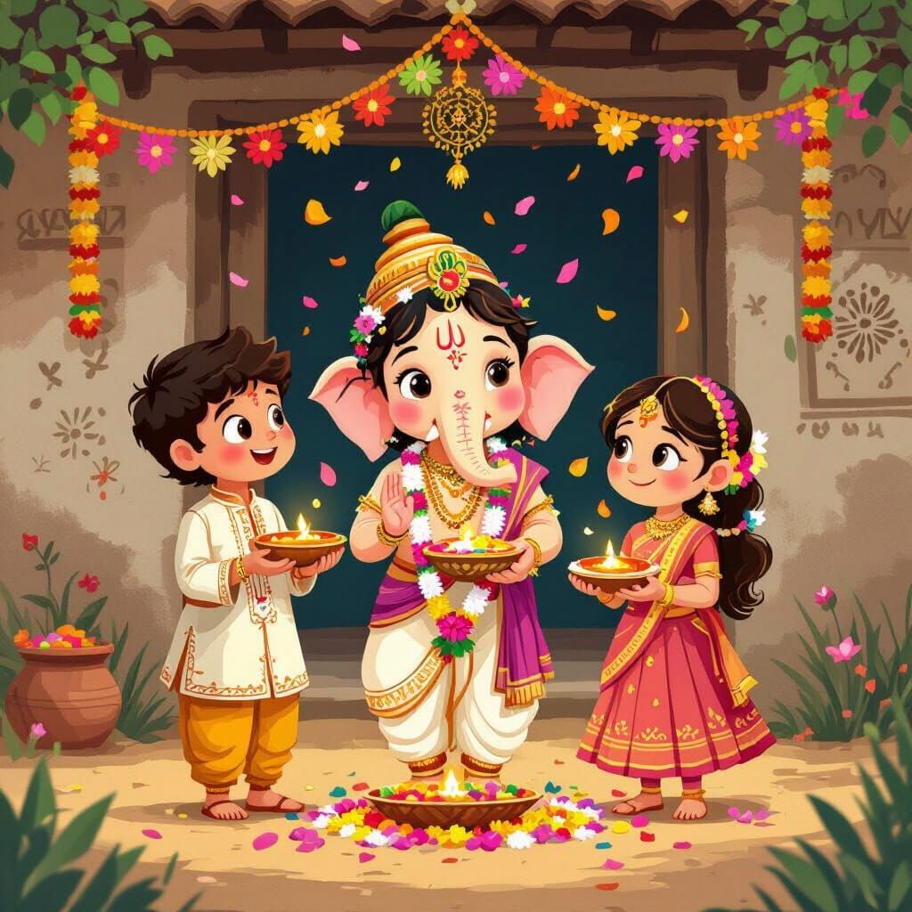 Children Welcome Lord Ganesha: Cartoon Illustration
