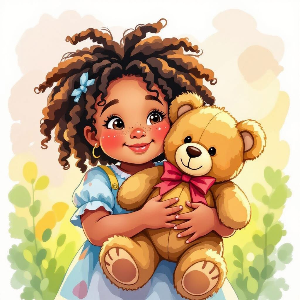 Joyful Girl with Teddy Bear in Watercolor Style