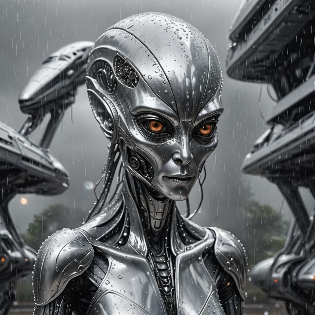 Silver Alien in Rain: Surreal Digital Art