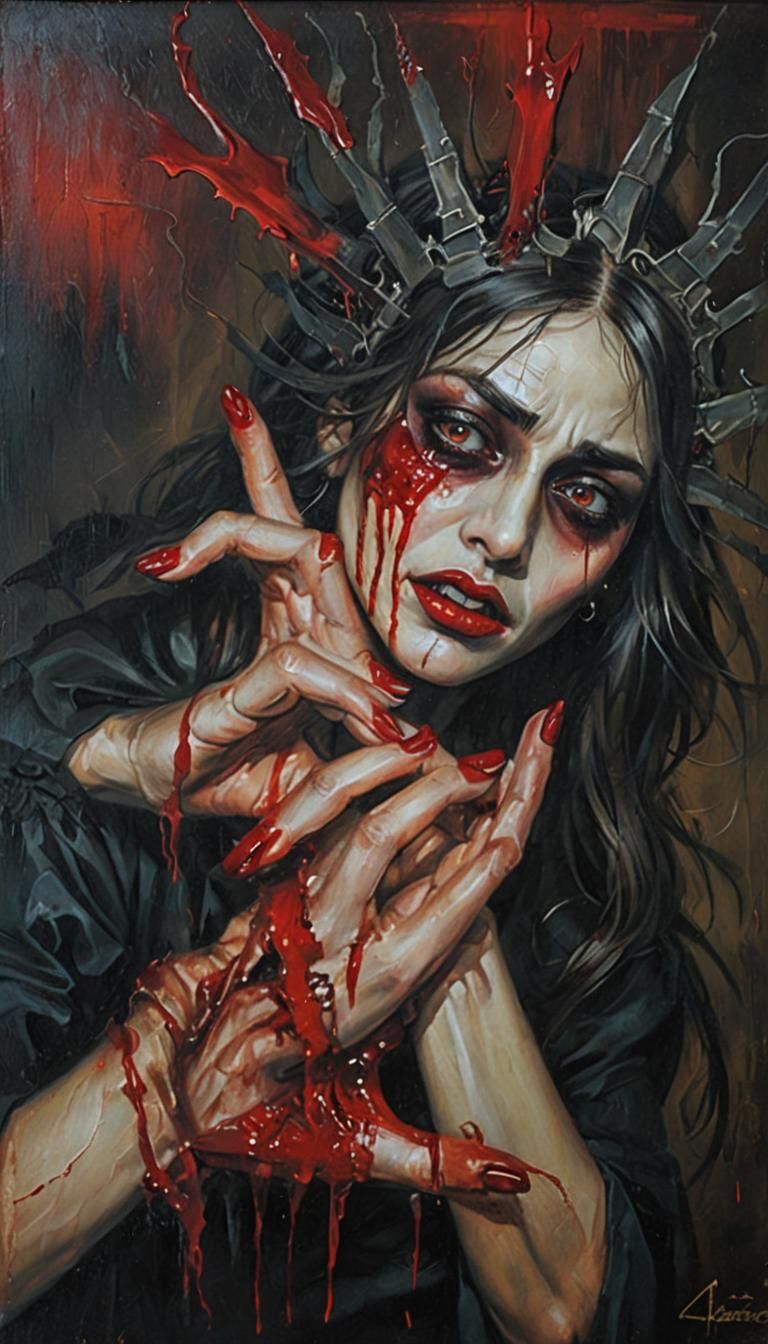 Gothic Surrealism: Woman Crying Blood Tears in Oil Painting