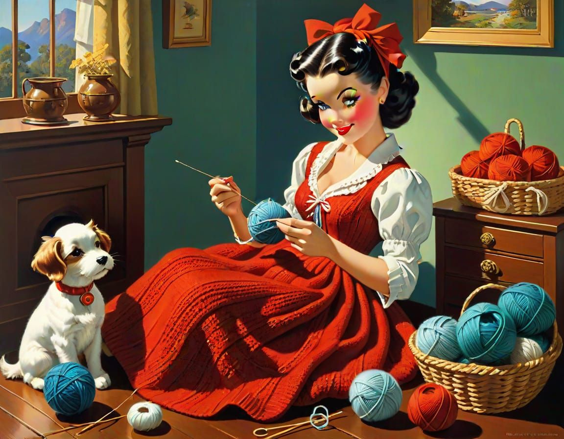 Vintage Style Girl Knitting