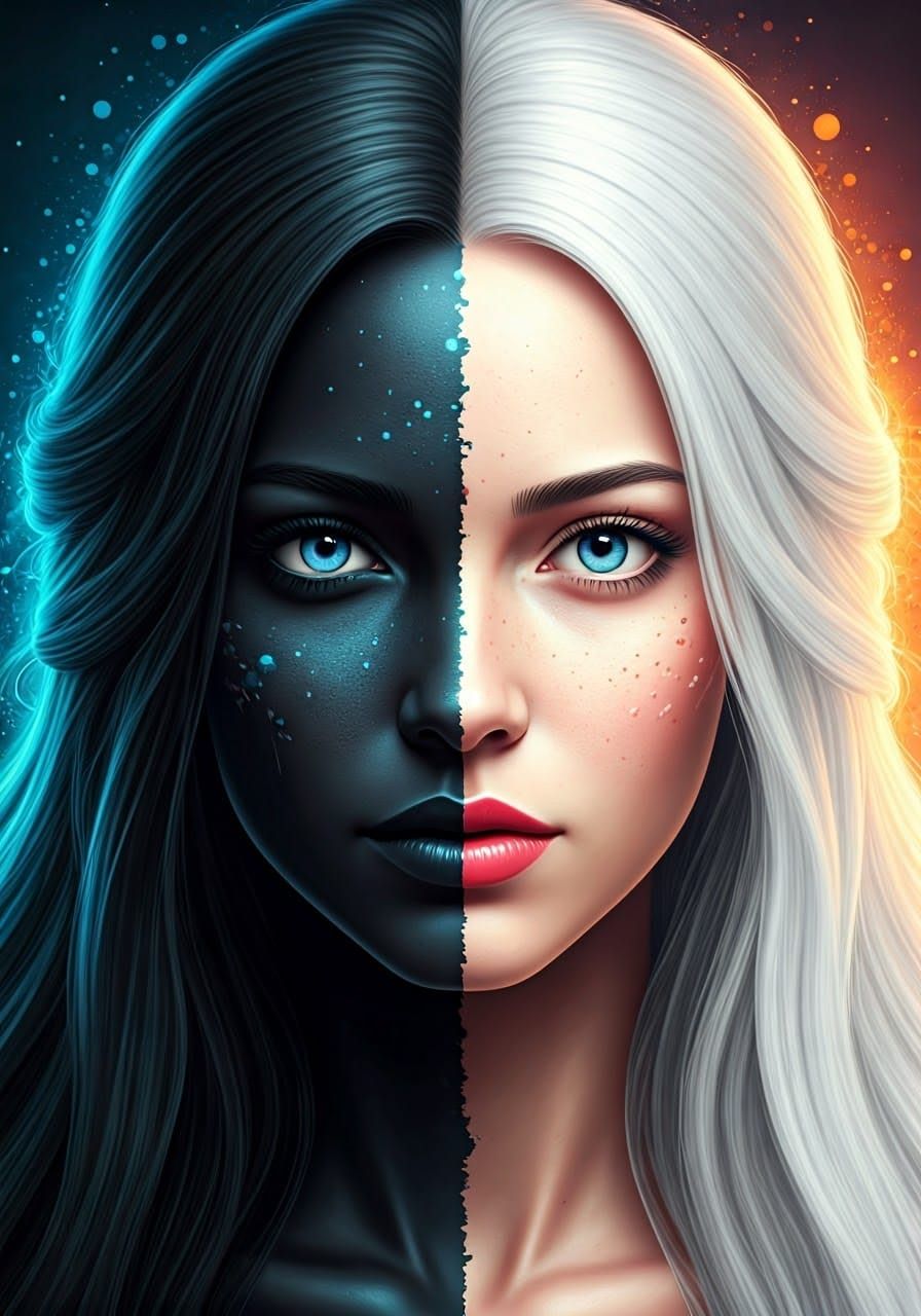 Yin Yang Woman Portrait in Hyperrealistic Style