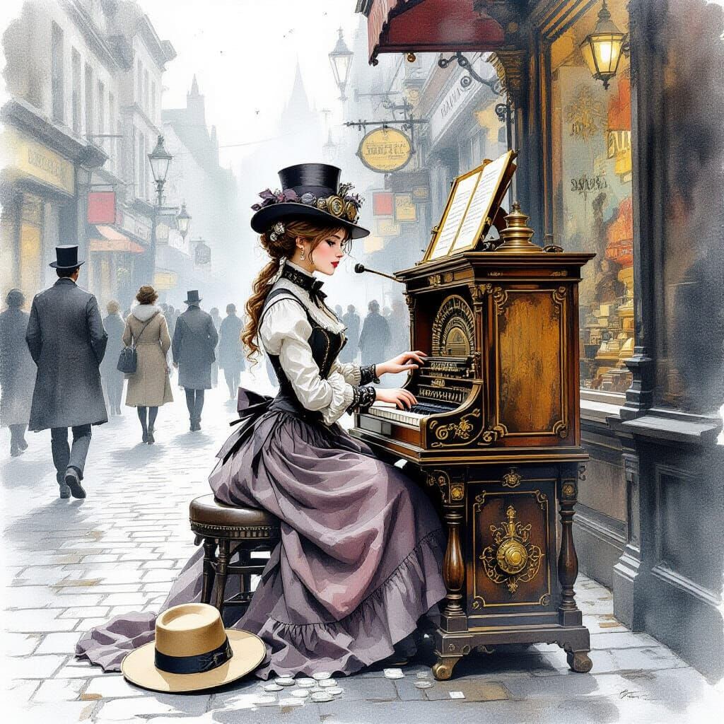 Victorian Steampunk Girl Plays Barrel Organ in Hazy Watercol...