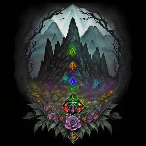 Sinister Watercolor Mountains with Occult Symbols