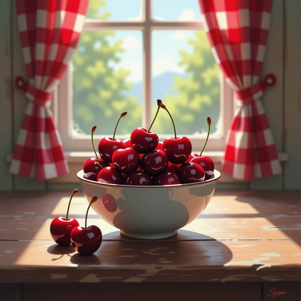 Rainier Cherries on Kitchen Table in Comic Book Style