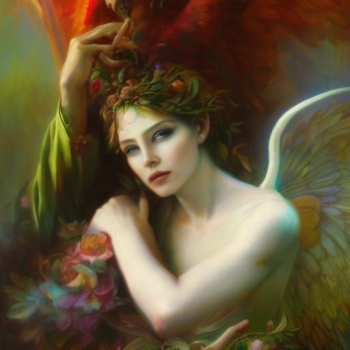 Androgynous Angel in Enchanted Garden, Art Nouveau