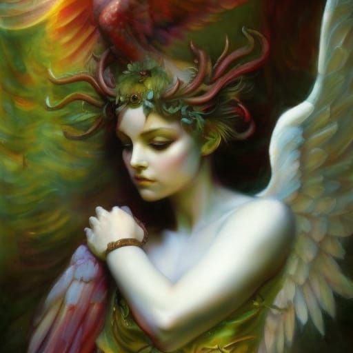 Androgynous Angel in Enchanted Garden: Art Nouveau Painting