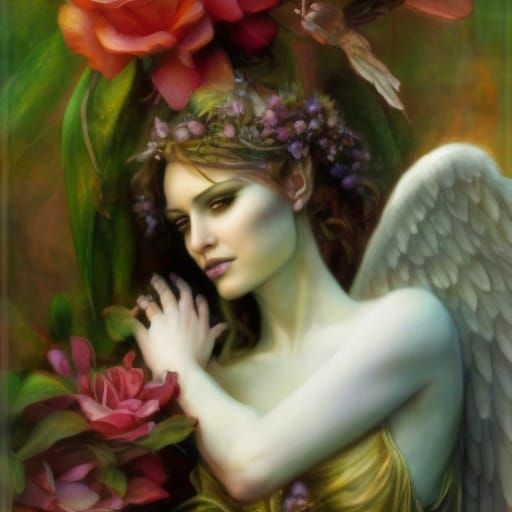 Sinister Angel in Enchanted Garden: Art Nouveau Painting