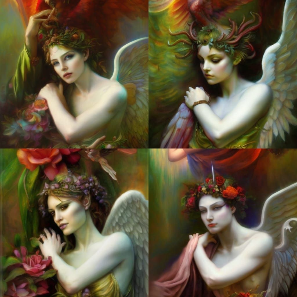 Androgynous Angel in Enchanted Garden, Art Nouveau Style