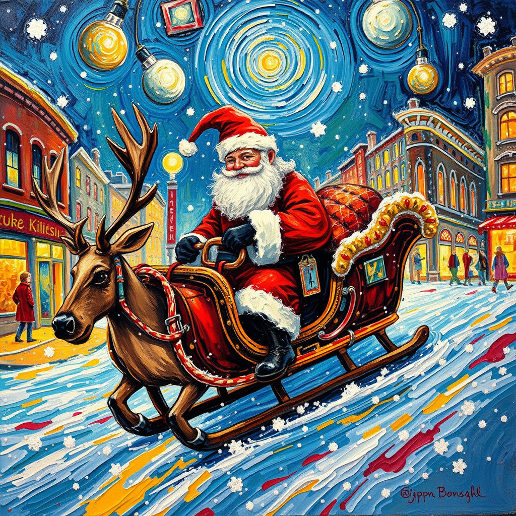 Santa Claus Sleigh Ride in Expressionist Winter Wonderland