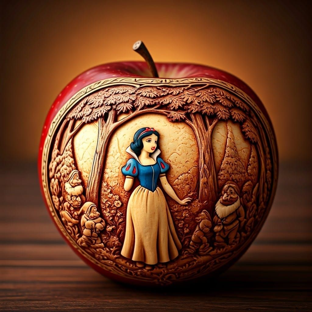 Whimsical Red Apple with Snow White and the 7 Dwarves in Fol...