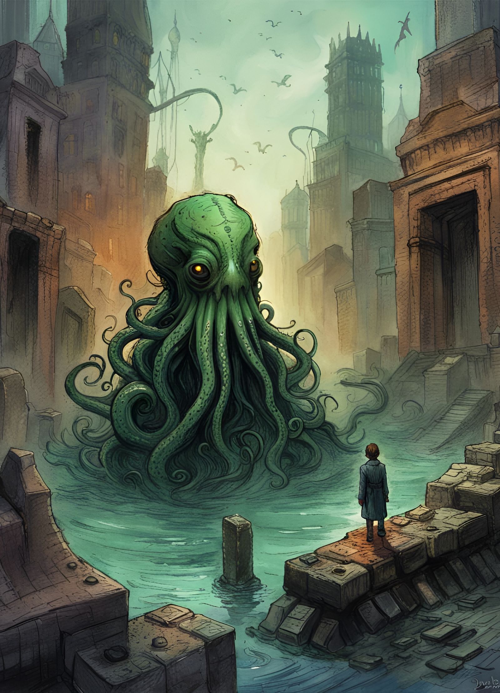 Cthulhu Caricature Looms Over R'lyeh in Crayon