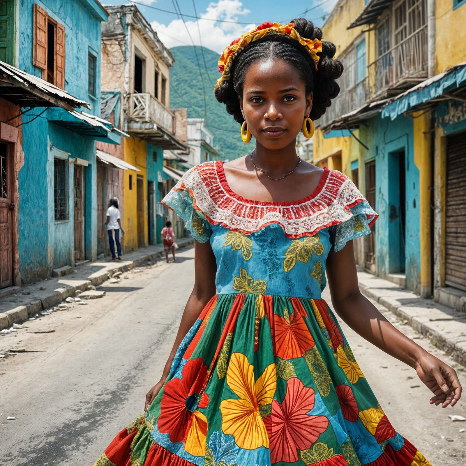 Haitian Woman in Traditional Karabela Dress