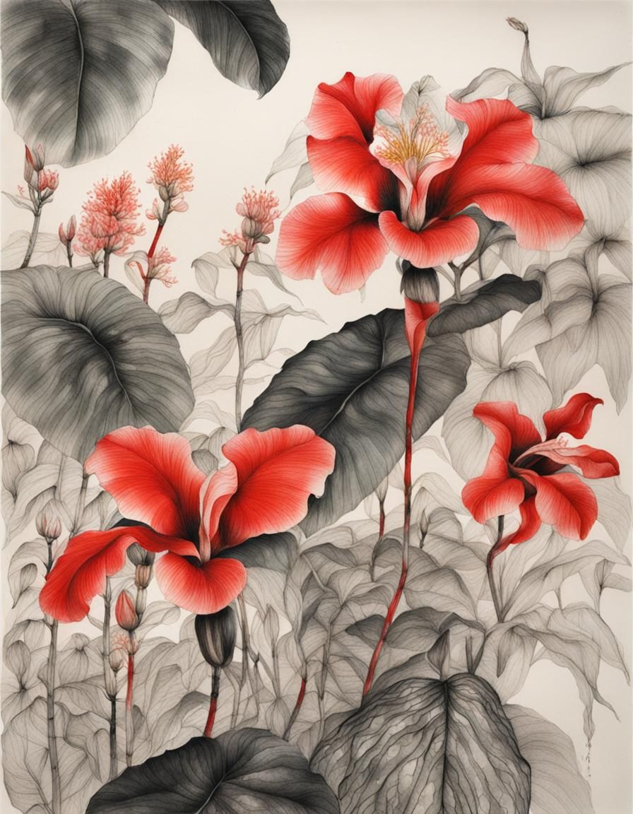 Tropical Flowers in Botanical Ink Drawing