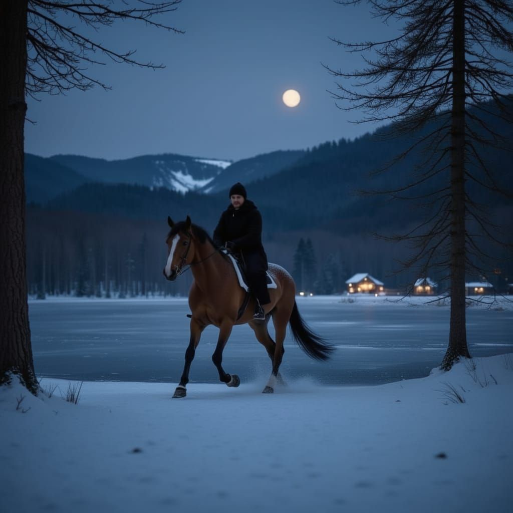 Horse and Rider in Snowy Woods with Full Moon