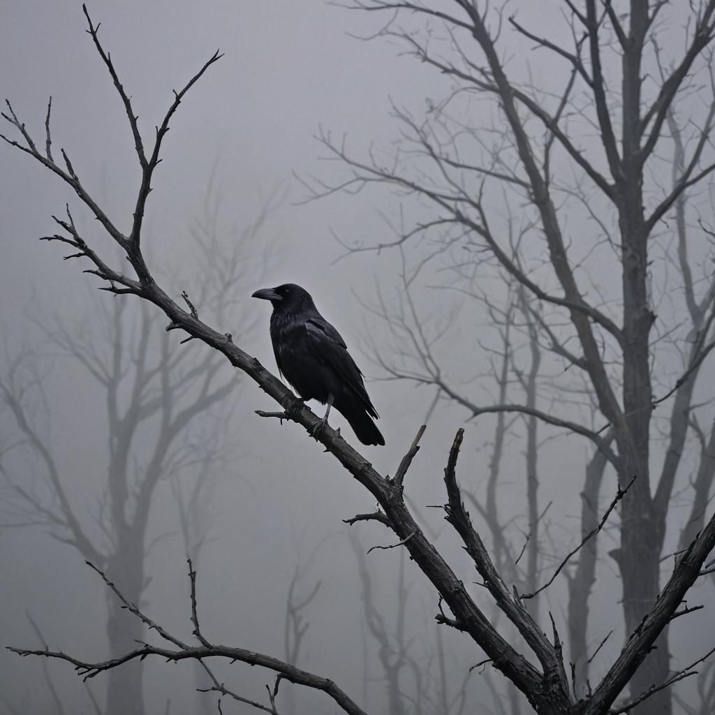 Sinister Crow Perched on Dead Branch