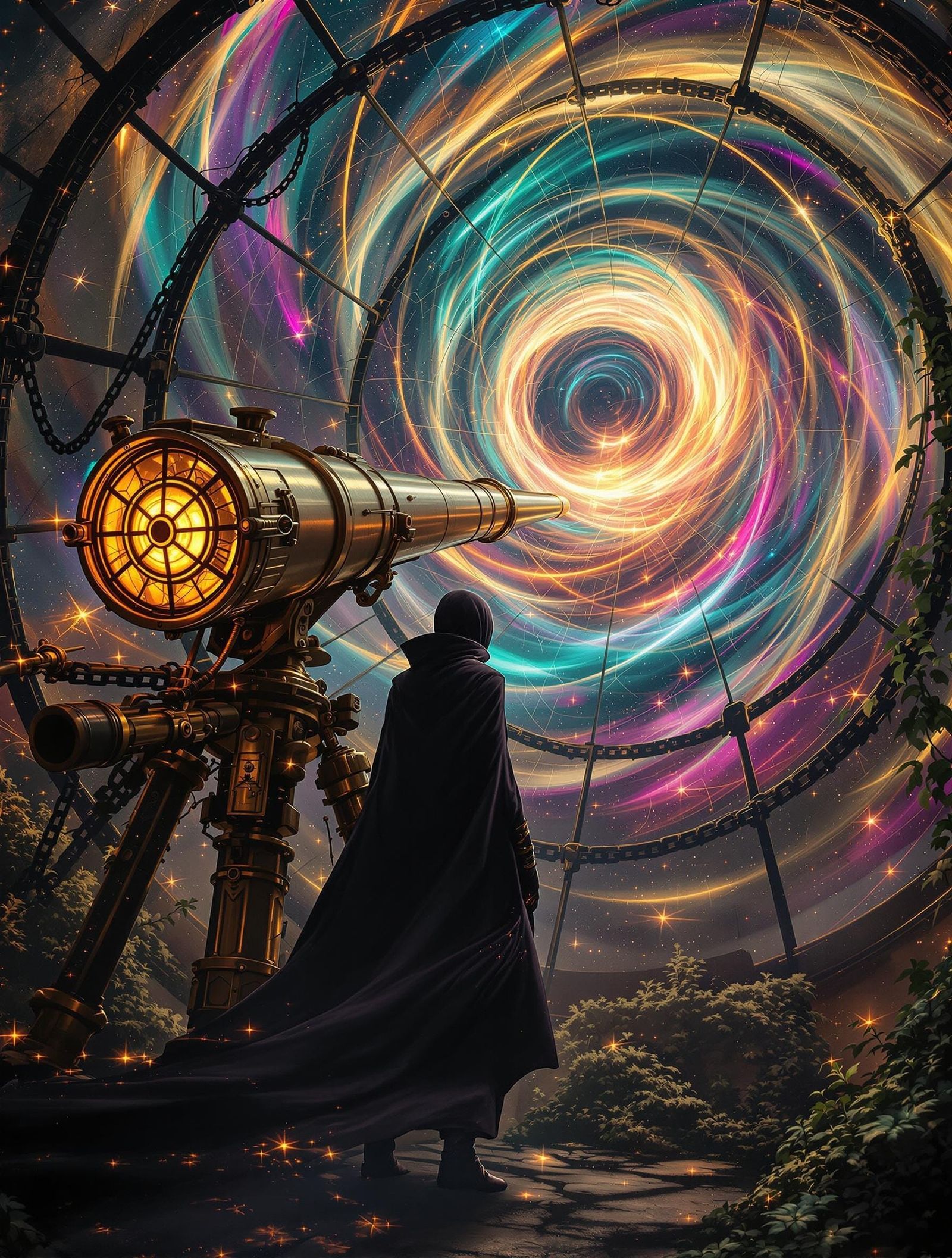 Cosmic Steampunk Figure Unveiled by Radiant Tendrils