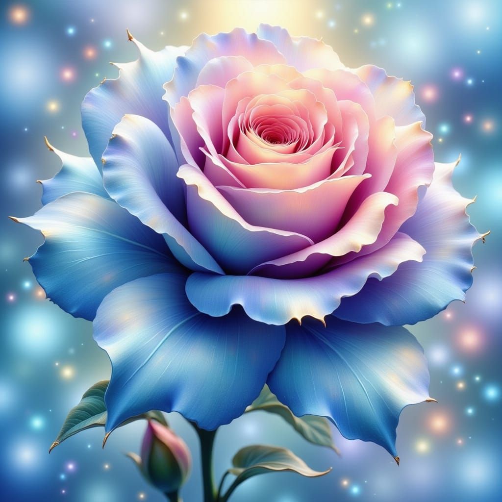 Whimsical Blue and Pink Rose in Dreamy Watercolor Style
