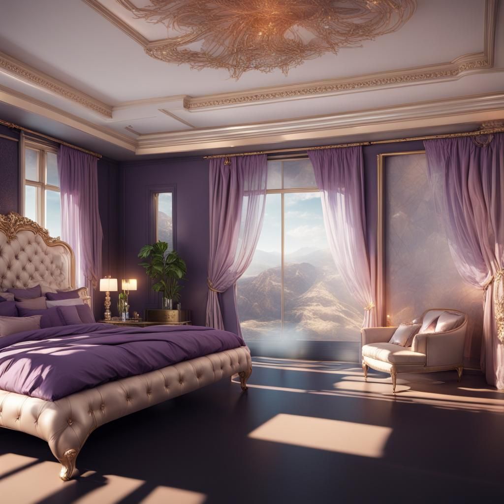 Luxurious bedroom with beautiful view and purple bed huge windows was Rose gold curtains& luxurious vibes& realistic vib...