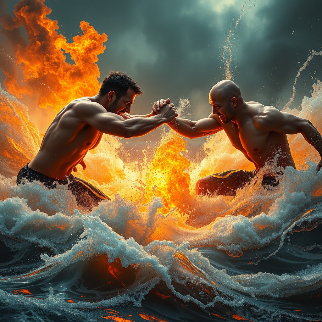 Fiery Aquatic Battle at Dawn: Digital Matte Painting
