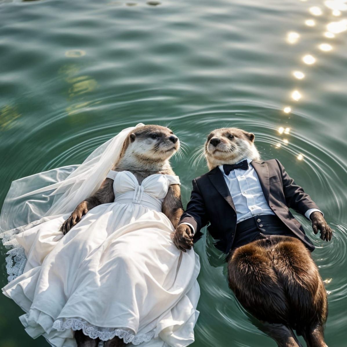 Two Otters as Bride and Groom Holding Hands