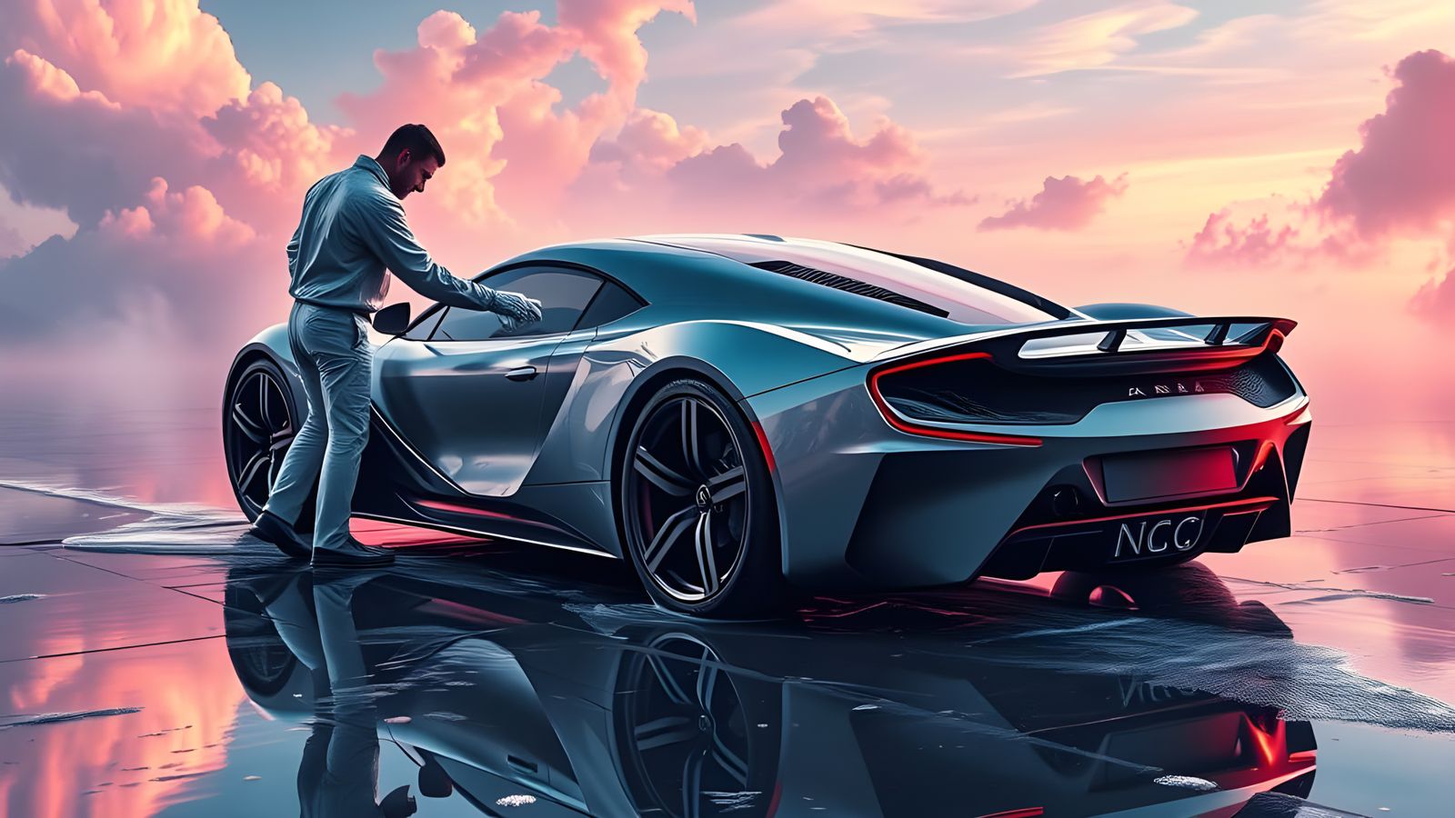 Dreamlike Sports Car Hand Wash in Futuristic Landscape