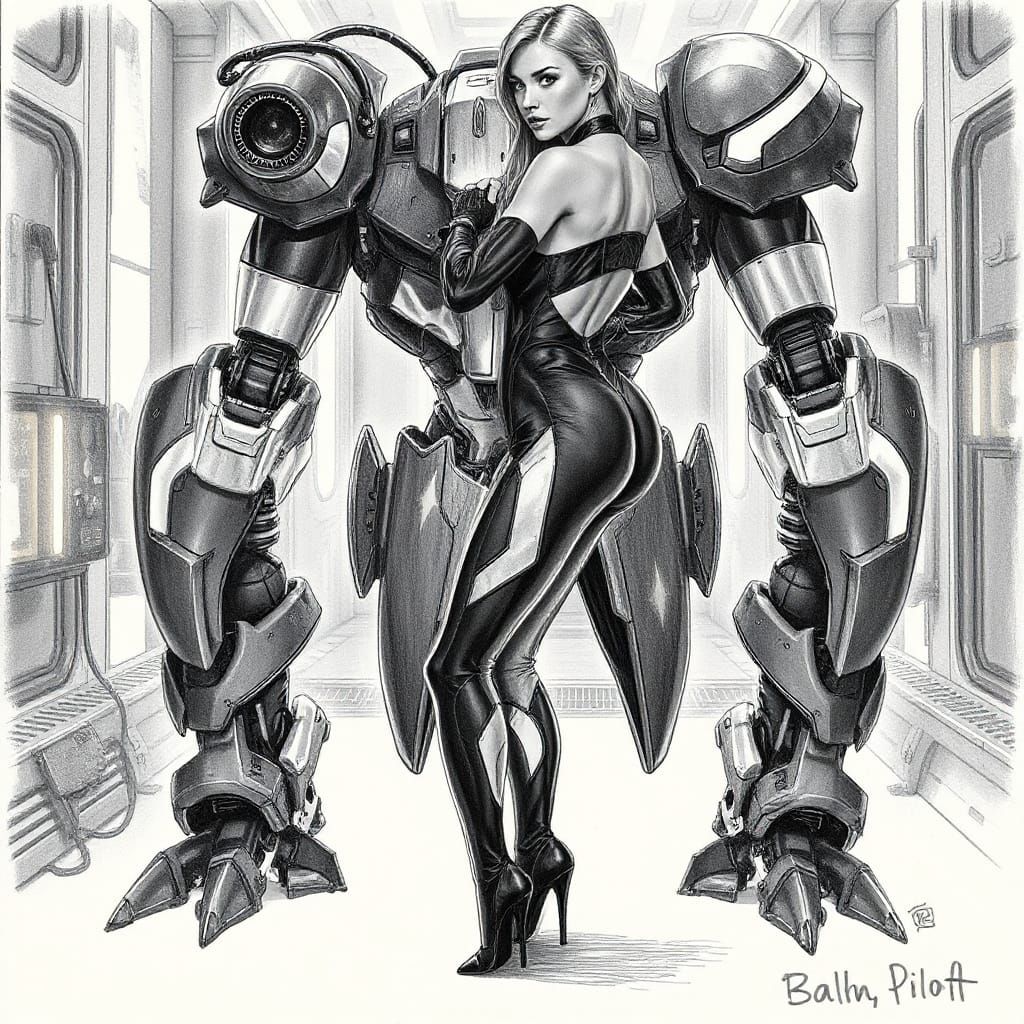 Female Mech Pilot Entering Suit: Sci-Fi Pencil Art