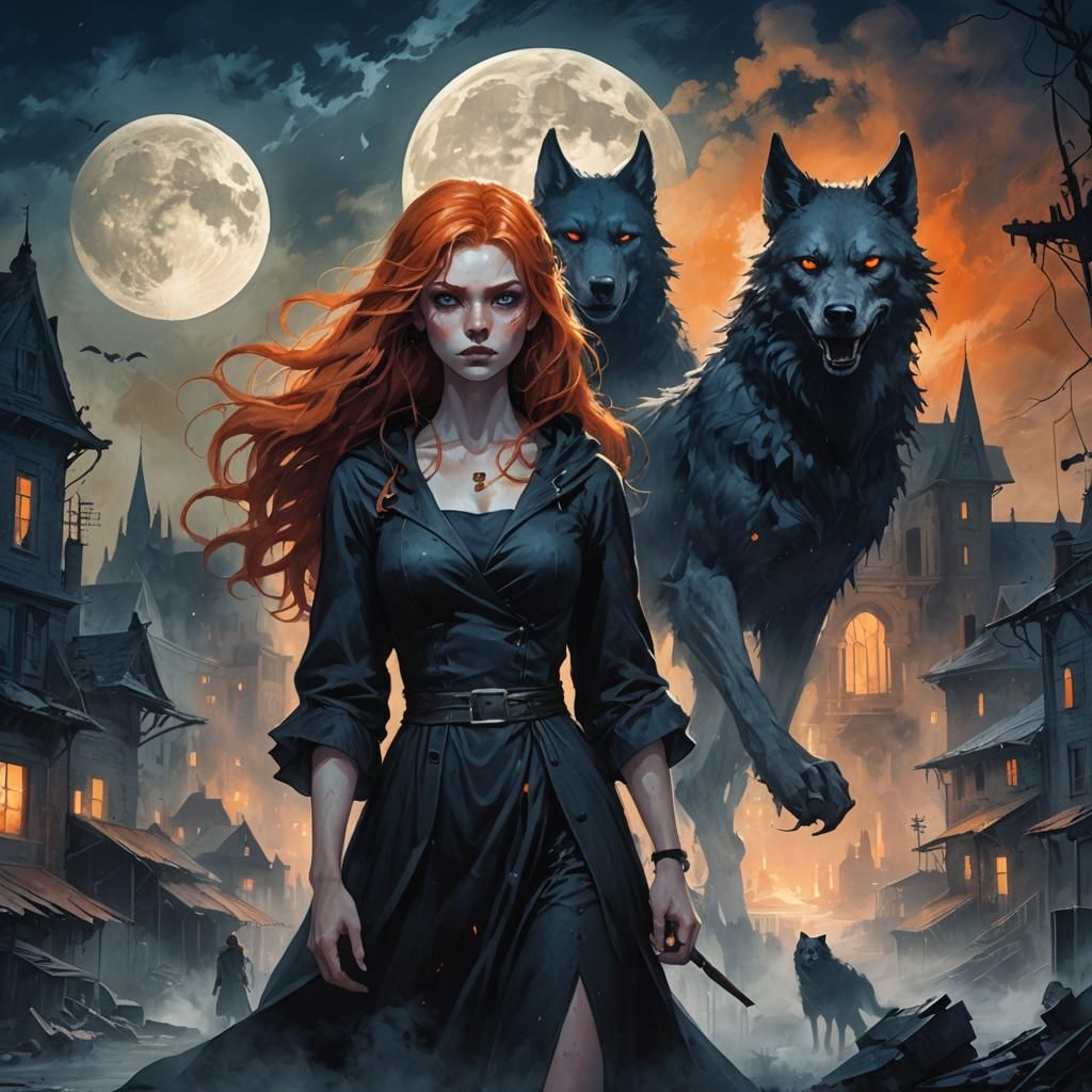 Redhead Witch and Werewolf Under the Moon