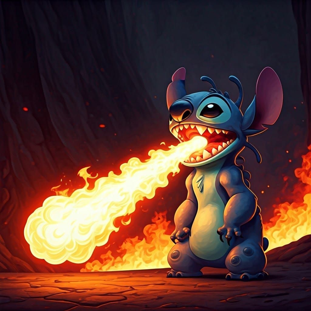 Stitch Exhales Fire in Fantasy Concept Art
