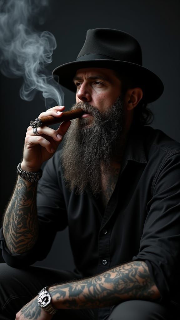 Dramatic Portrait of Tattooed Man Smoking Cigar