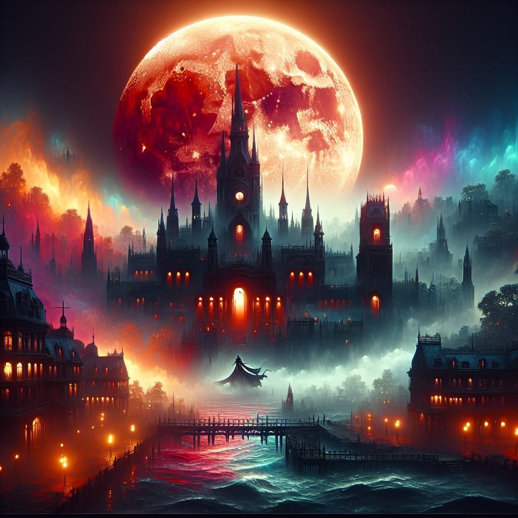 Gothic Victorian City Under Blood Moon: Matte Painting