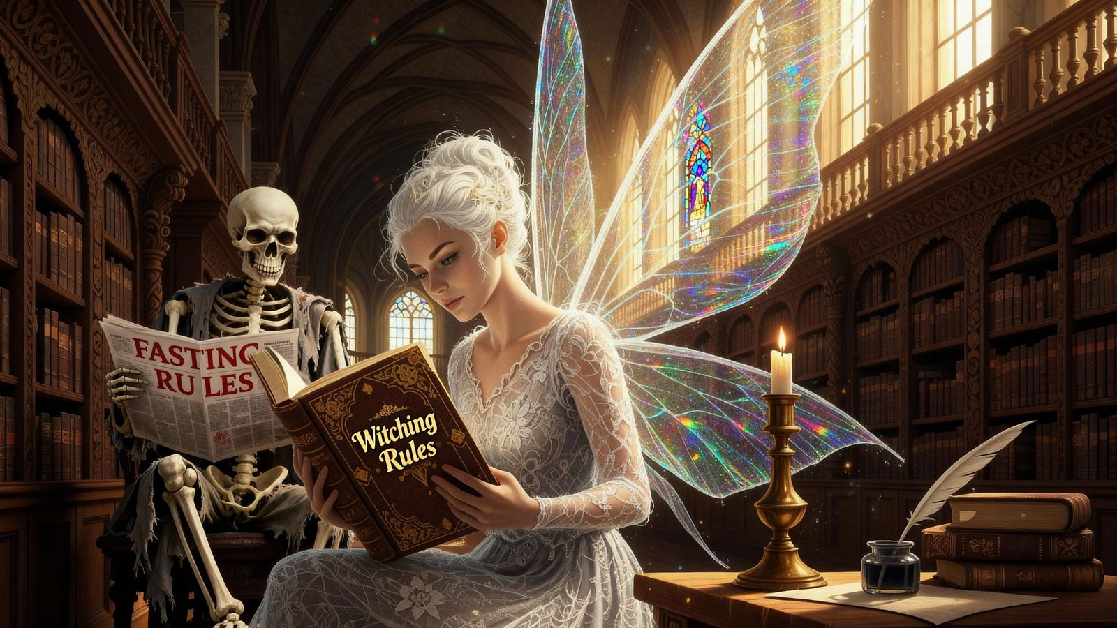 Skeleton and Fairy Reading 'Witching Rules' Book