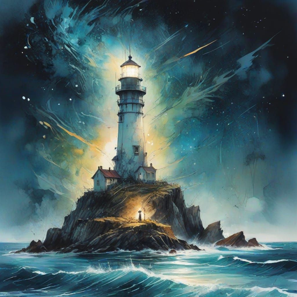 Lighthouse Shines in Chaotic Watercolor Milky Way