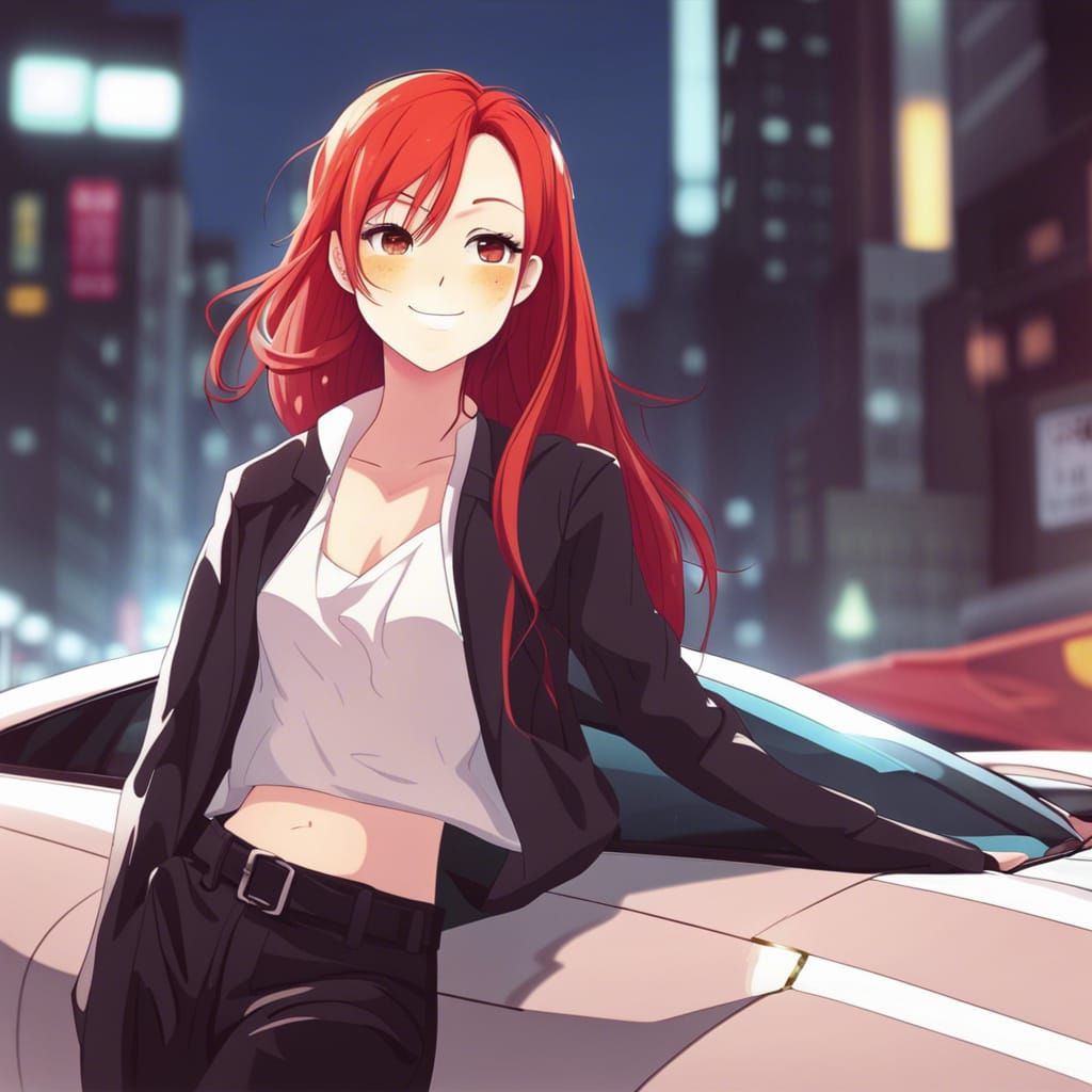 Red-Haired Girl and Supercar in Anime Style