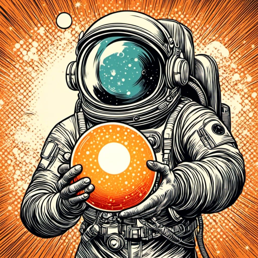 Astronaut Holds Glowing Orb in Retro-Futuristic Style