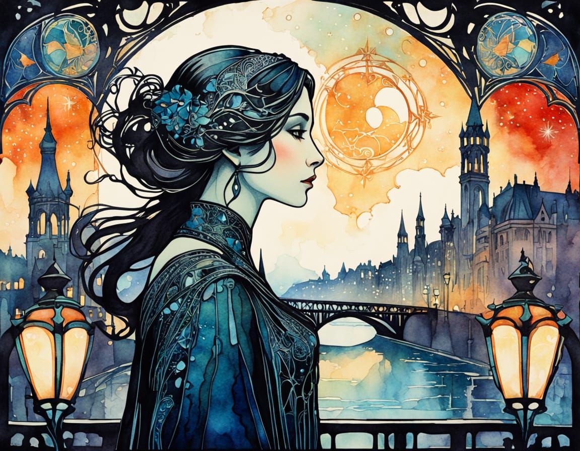 Art Nouveau Profile with City Landscape