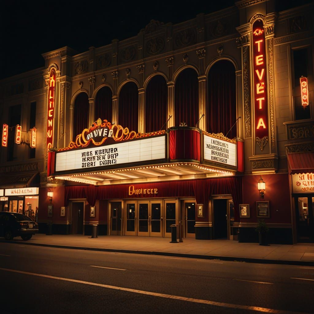 Classic Hollywood Movie Theater at Night in Cinematic Style