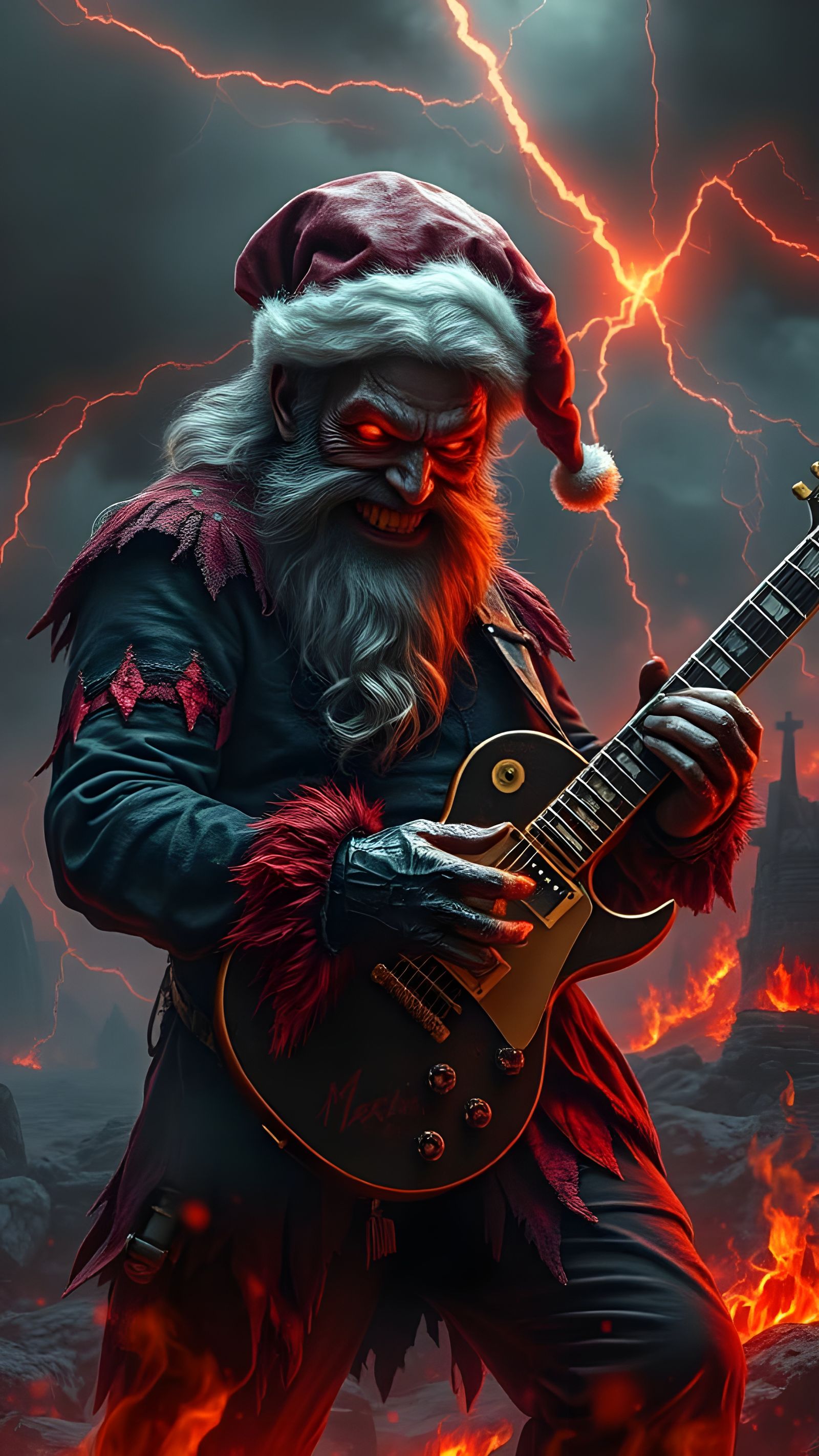 Demonic Santa in Fiery Hellscape Plays Electric Guitar
